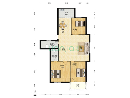 五里亭商住楼 3室1厅2卫 124平方