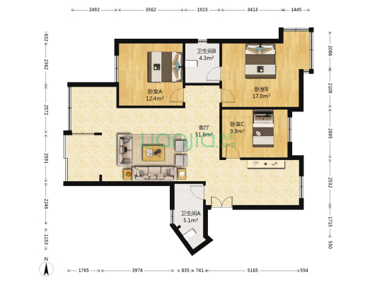 溪山御景 3室1厅2卫 117平方