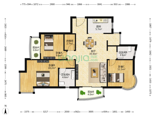 名爵府小区 3室1厅2卫 126平方