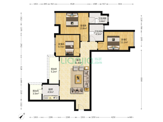 长安万科中心 3室1厅2卫 97平方