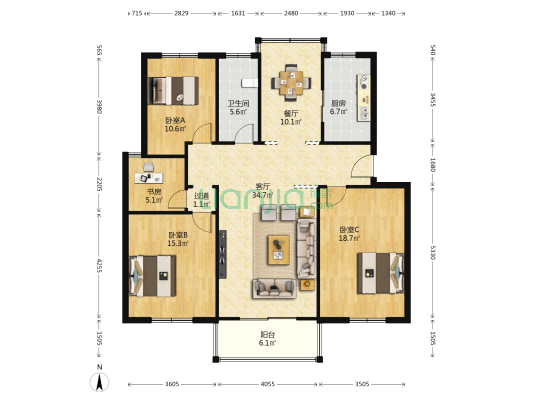 九洲城市花园 4室2厅1卫 137平方