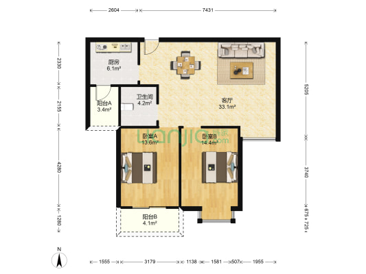 东方天韵 2室1厅1卫 96平方
