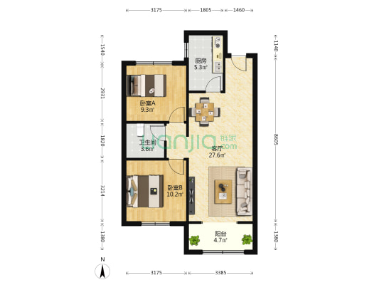 上善颐园蓼汀苑 2室1厅1卫 85平方