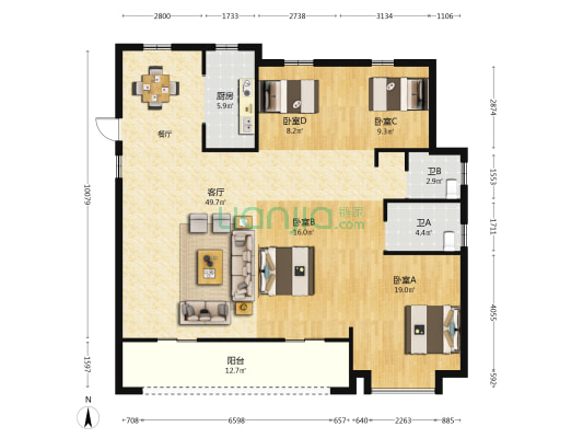 双帆济海 4室1厅2卫 150平方