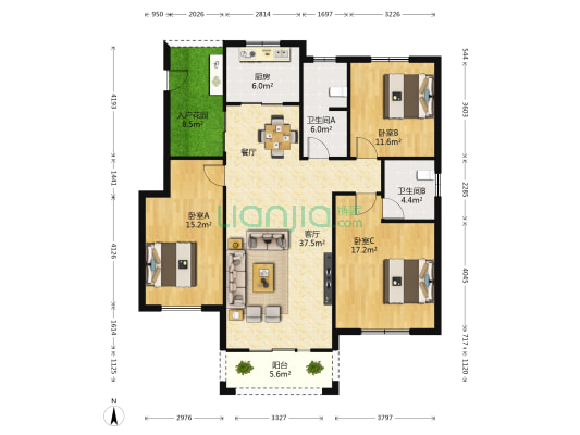 盛合中央花园(北院) 3室1厅2卫 128平方