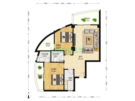 陆丰嘉园二期 2室1厅2卫 101平方