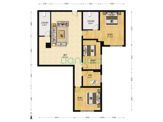 鲁班大厦 4室1厅2卫 147平方