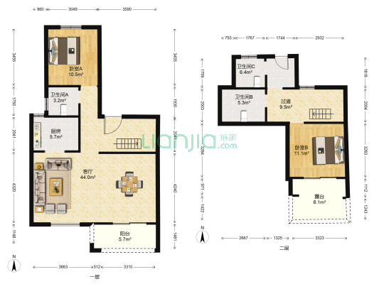 雅致园 2室1厅3卫 165平方