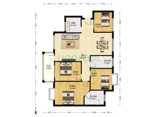 贝地卢加诺 4室1厅2卫 121平方