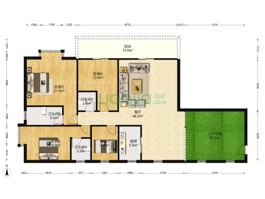 一景大厦 4室1厅3卫 178平方