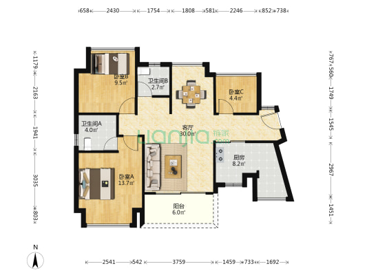 天健书香名邸 3室1厅2卫 91平方