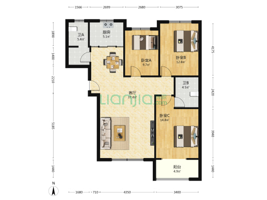 家合园二期 3室1厅2卫 123平方