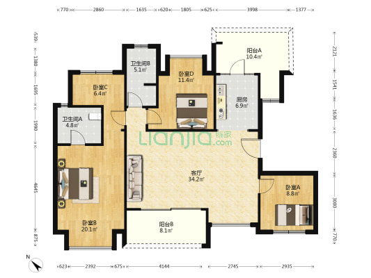 水墨江山一期 4室1厅2卫 132平方