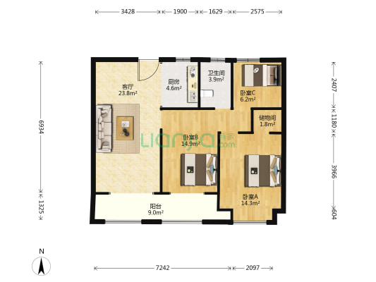 滨月轩一组团 3室1厅1卫 100平方
