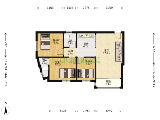 泰兴楼小区 3室1厅2卫 86平方