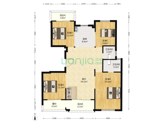 华鸿幸福里 4室1厅2卫 132平方