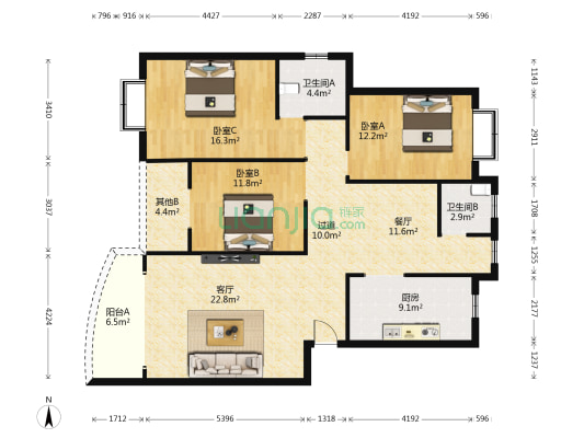 芙蓉嘉苑 3室2厅2卫 126平方