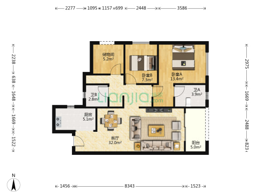 中南滨江国际 2室1厅2卫 90平方