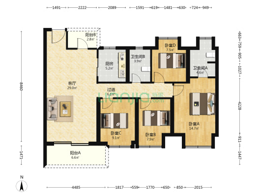 电建地产洺悦江湾 4室1厅2卫 137平方