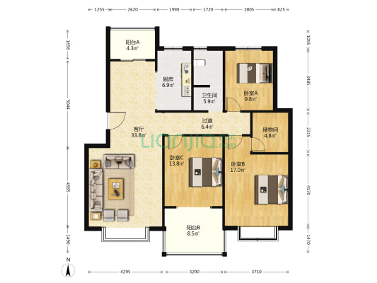 海龙香槟大道三期 3室1厅1卫 135平方