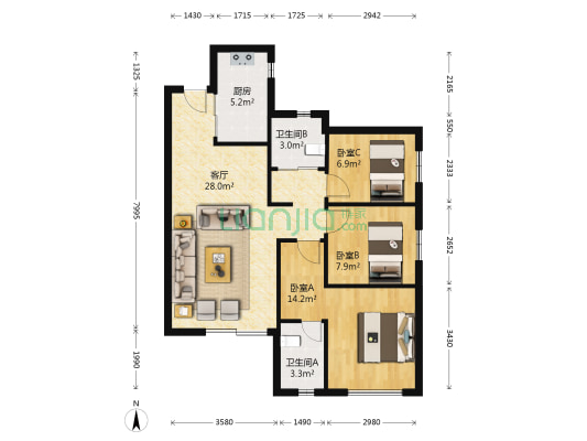 万科城 3室1厅2卫 89平方