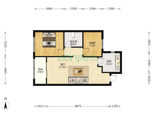 恒大丁香郡 2室1厅1卫 90平方