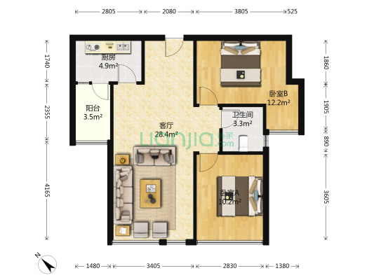 中成主角 2室1厅1卫 74平方