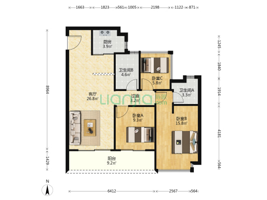中海观澜府(住宅) 3室1厅2卫 100平方