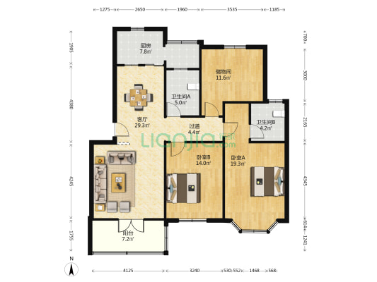 中山花园 2室1厅2卫 117平方