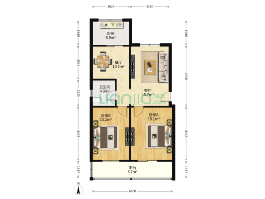 西航南苑小区 2室2厅1卫 90平方