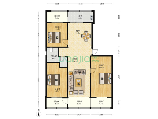 西海街3号 3室2厅1卫 128平方