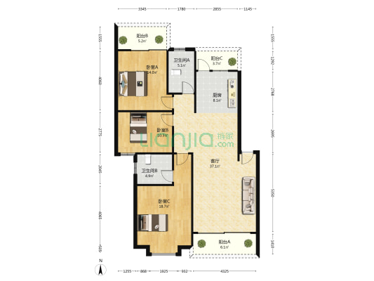 恒龙小区 3室1厅2卫 127平方