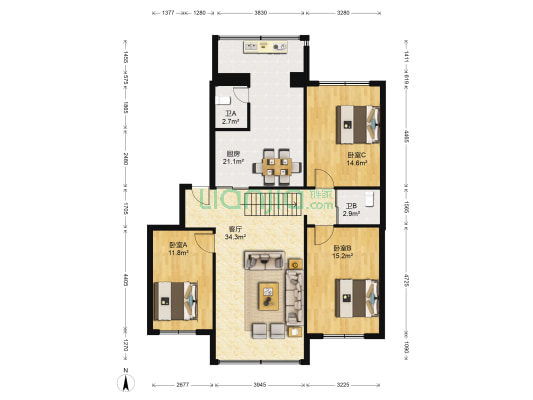 豪邦新月花园 3室1厅2卫 127平方