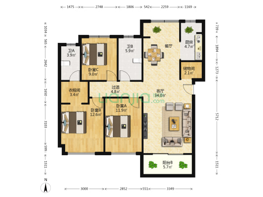 常绿·北海壹号院 3室1厅2卫 128平方
