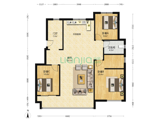 保利金海棠 3室1厅1卫 125平方