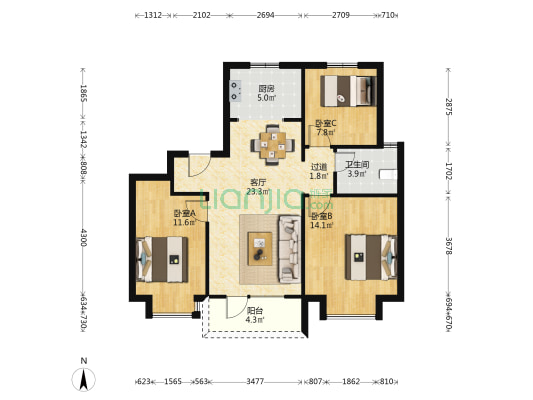 空港澜庭美景A区 3室1厅1卫 102平方