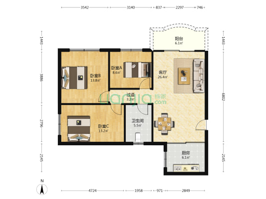 龙基花园 3室1厅1卫 98平方