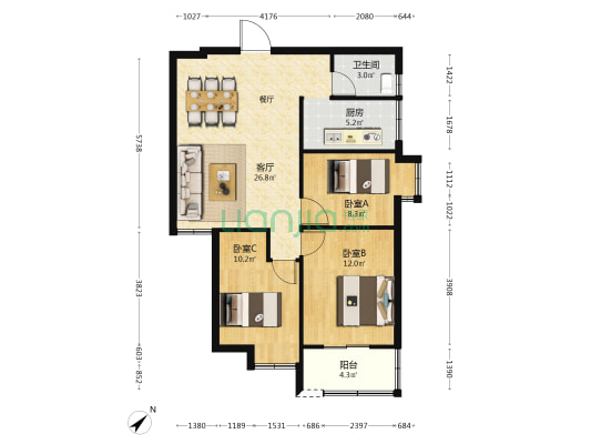 瀛洲花园 3室1厅1卫 90平方
