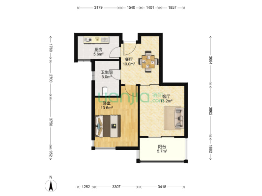 秀岸花园二区 1室2厅1卫 70平方