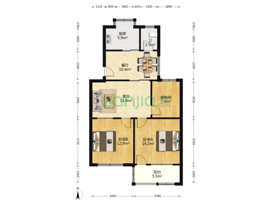 人保财险湖南省分公司宿舍 2室2厅1卫 79平方