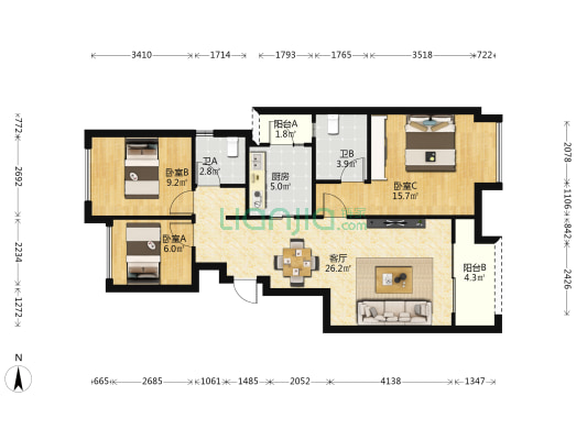 金地格林春岸一期 3室1厅2卫 92平方