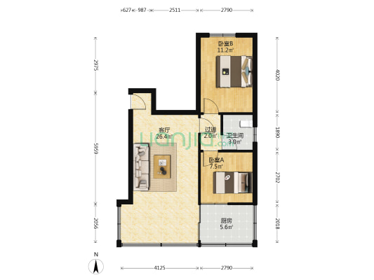 二桥路132号 2室1厅1卫 66平方