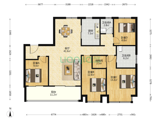 中海·新芝源境 4室1厅2卫 159平方