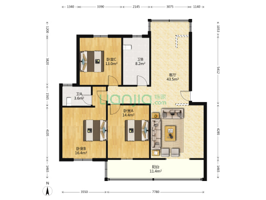 蚕花公寓 3室1厅2卫 124平方