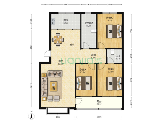 鑫城东武古城南区 3室1厅2卫 126平方