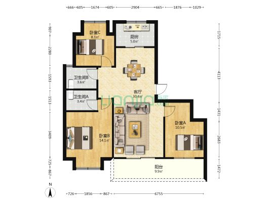 朗臻馨苑 3室1厅2卫 100平方