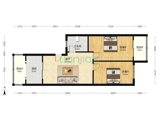 荣盛楼 2室1厅1卫 91平方
