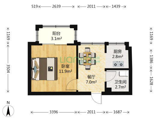 东方嘉苑 1室1厅1卫 34平方