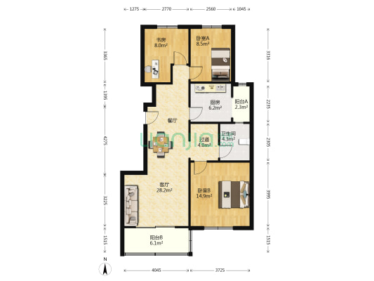 由由民丰苑 3室1厅1卫 106平方