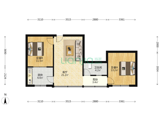 东升大院 2室1厅1卫 76平方